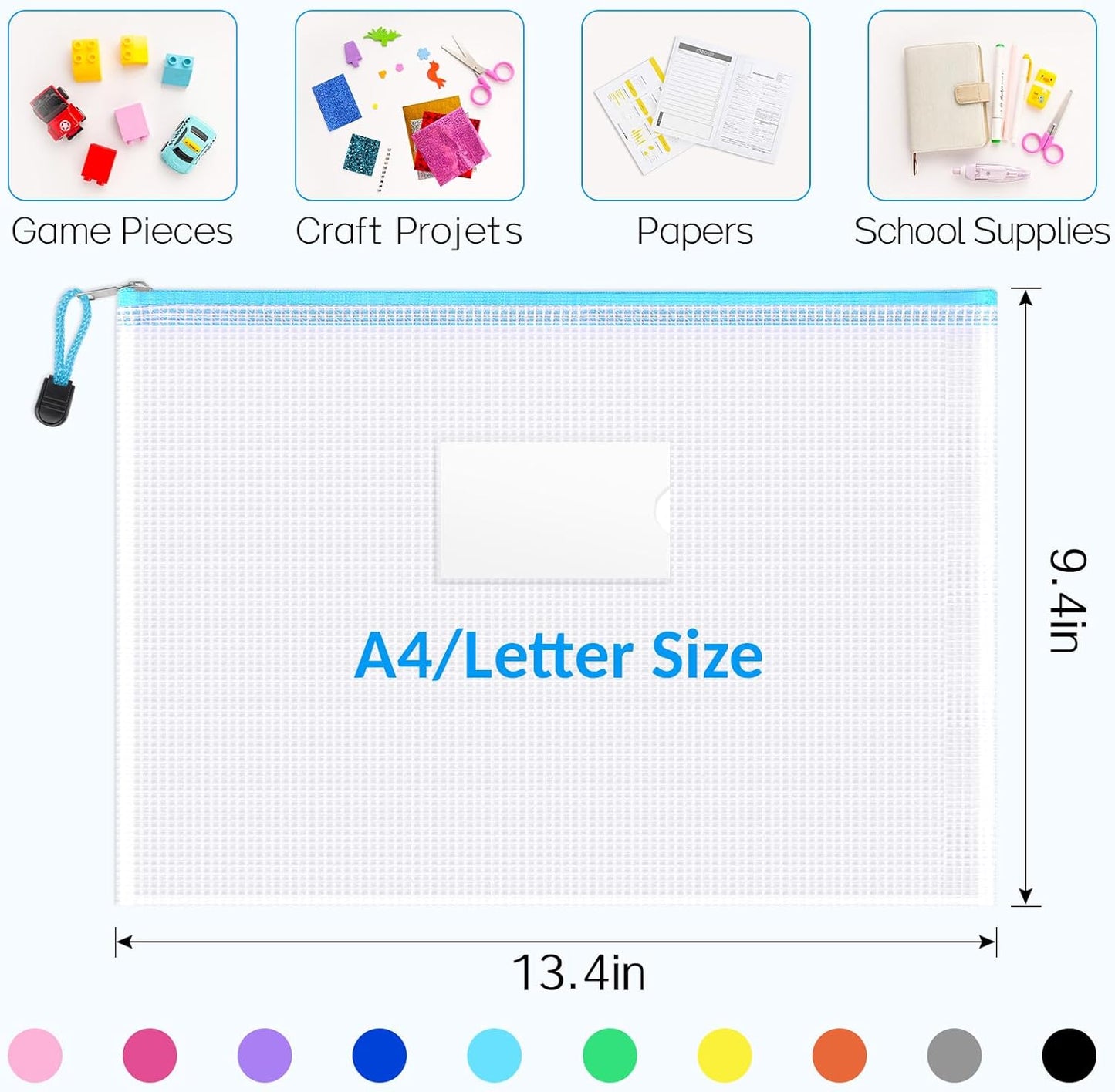 Sooez 20 Pack Mesh Zipper Pouch Bags, A4 Letter Size, Zipper Bags with Label Pocket, Waterproof Pouches for Classroom Organization, Board Game Storage, Document Bag for Teacher School Office Supplies