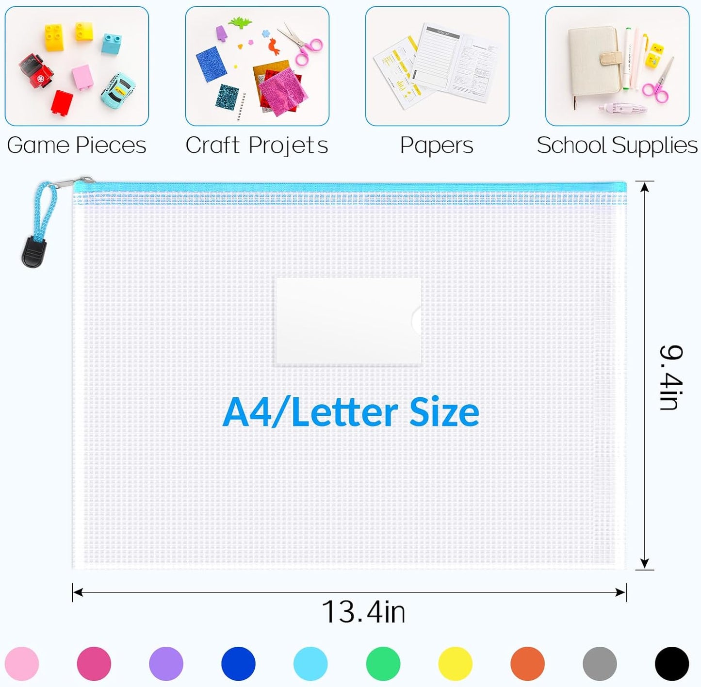 Sooez 32 Pack Mesh Zipper Pouch Bags, A4 Letter Size, Zipper Bags with Label Pocket, Waterproof Pouches for Classroom Organization, Board Game Storage, Document Bag for Teacher School Office Supplies