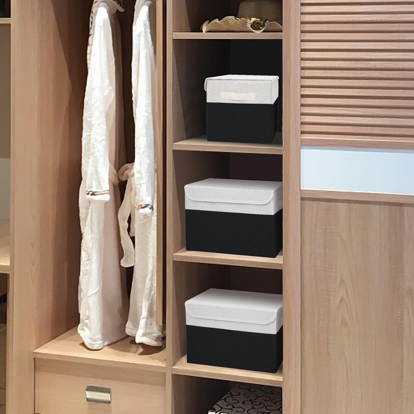 Large 22 Quart Linen Fabric Foldable Storage Bin Cube Organizer Basket with Flip-Top Lid & Handles, Clothes Blanket Box for Home, Office, Closet, Black & White, 4 Pack 14.6 x 9.5 x 9.5