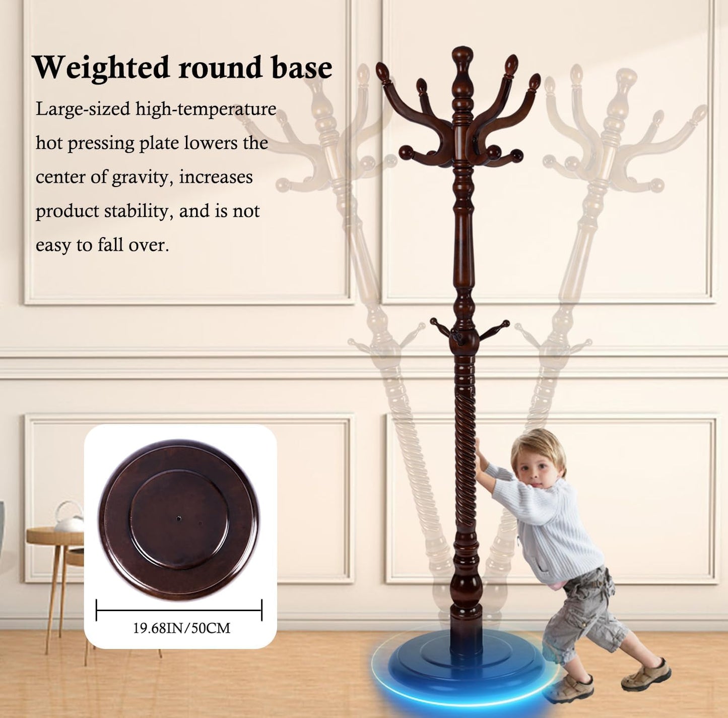 Coat Rack Stand, Solid Wooden Coat Tree with 11 Hooks, Heavy Duty Coat Rack Freestanding with Sturdy Round Base, Natural Birch Wood Coat Hanger Stand for Entryway Bedroom (Circular)