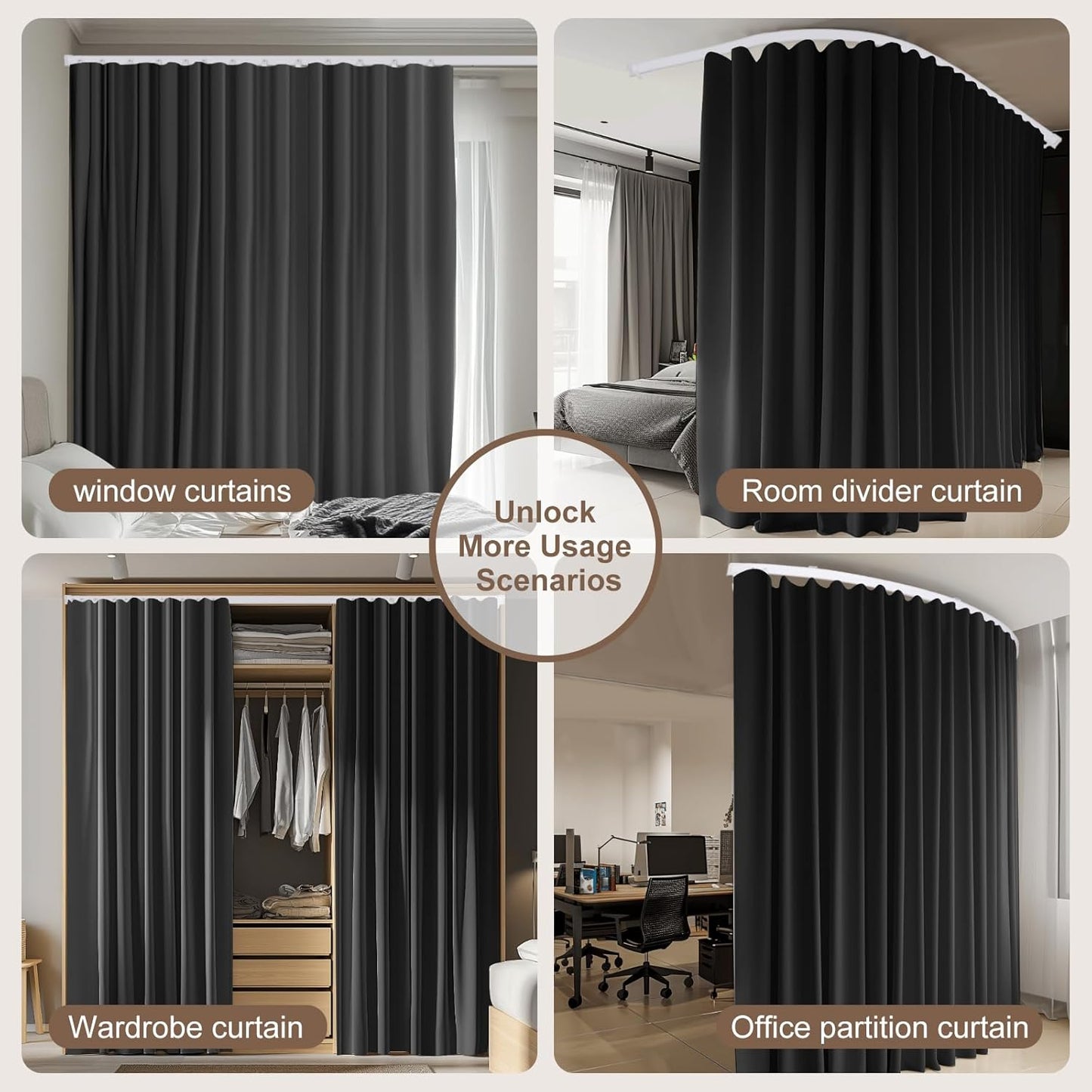 Room Divider Curtains & Flexible Bendable Tracks Set,Privacy Dividers Ceiling Track Curtain Window Blackout Curtains for Living Room Bedroom (W180 × H84 in 1 Panel Black Drape & White Rail)