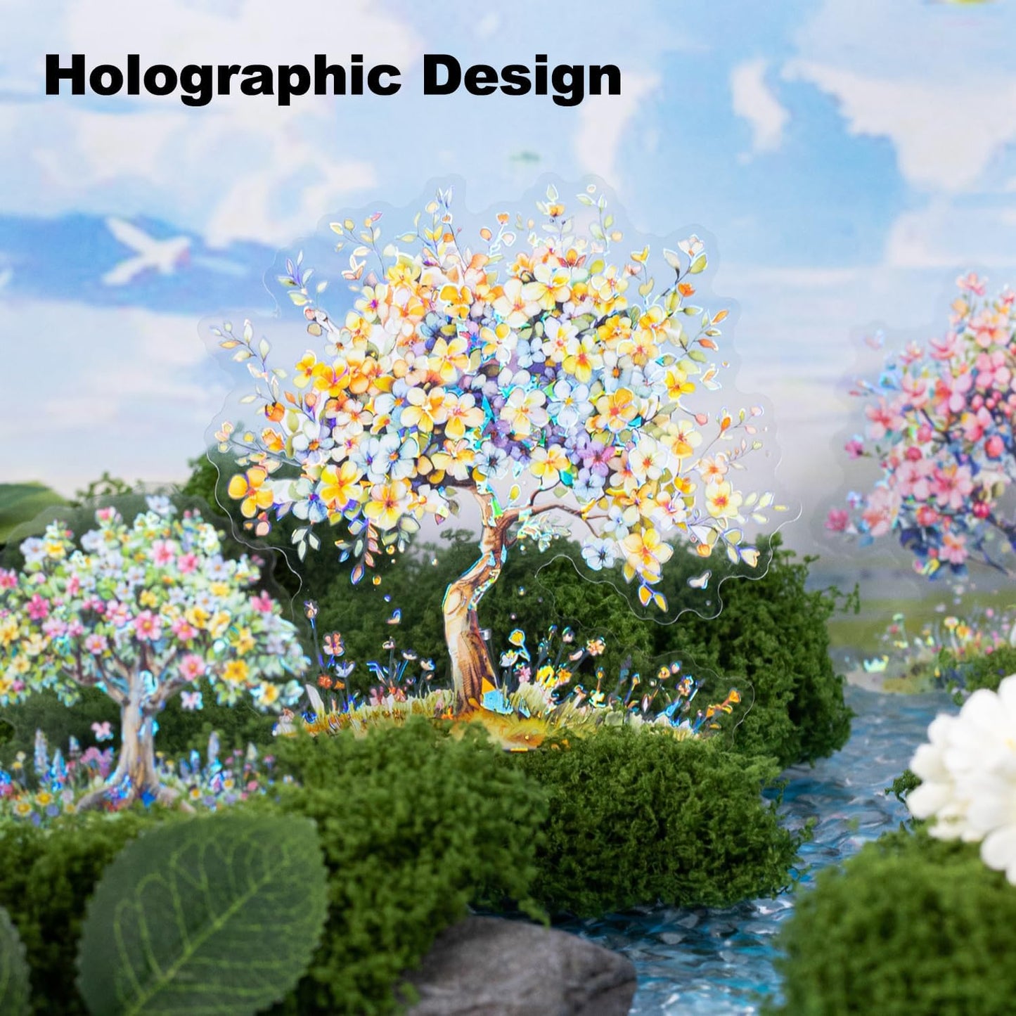 Flower Tree Scrapbook Stickers Set, 60PCS Holographic Ephemera for Scrapbooking, Junk Journaling, Crafting, DIY Projects, Diaries, and Art Supplies