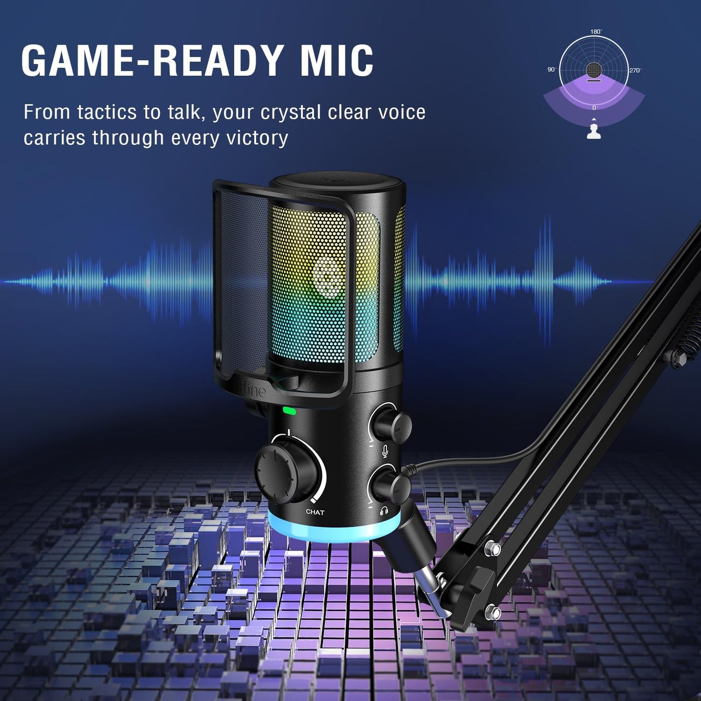 FIFINE AM6T USB Streaming Microphone for PC Gaming, Professional Condenser Mic with RGB, Noise Cancellation&Game/Chat Mixer-Plug & Play for Discord Chat/Streamer/Podcaster, with Boom Arm&Pop Filter