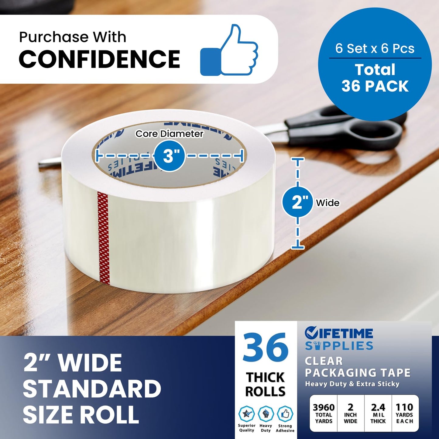 36 Rolls | 2.4 mil Clear | 110 Yards Each (3960 Yards Total) | 2" Premium Packing Tape Heavy Duty Packaging Tape for Shipping Moving Stronger Thicker