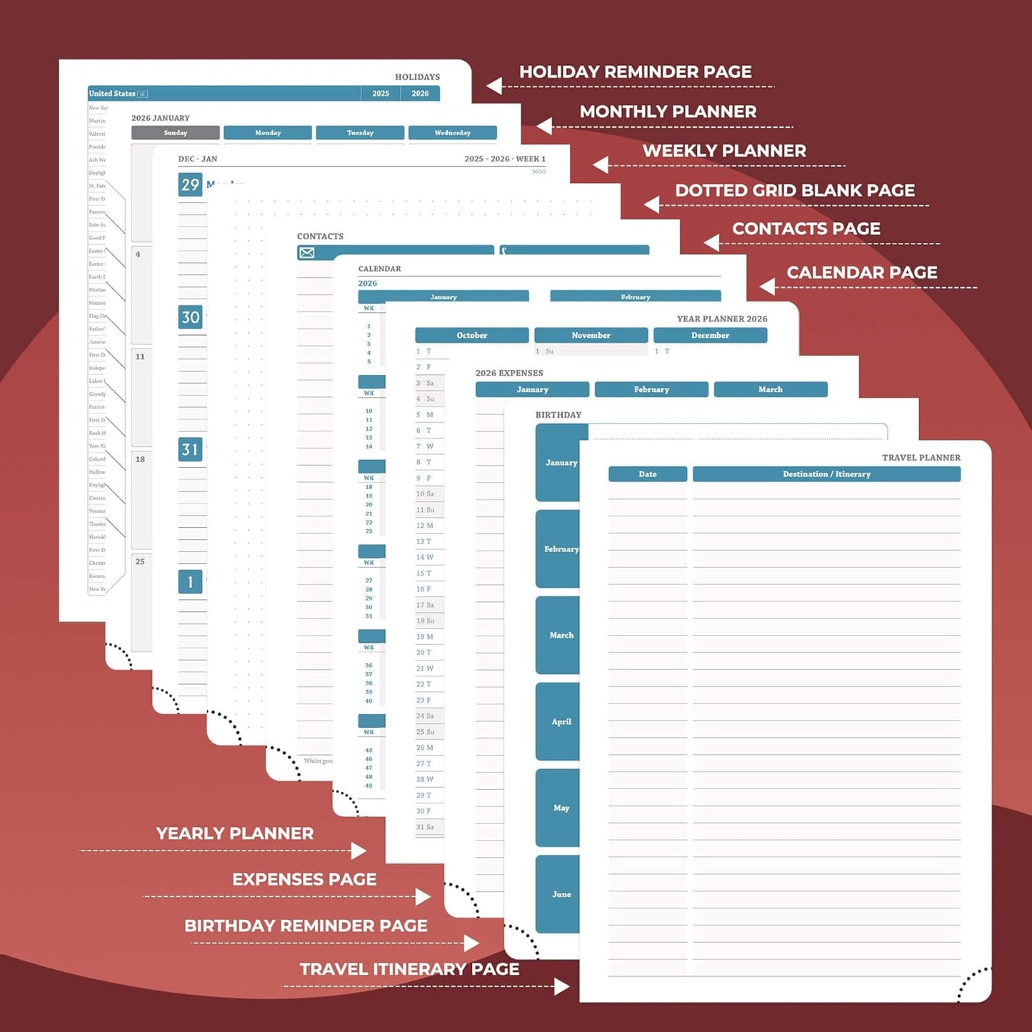 Planner 2026 Daily Weekly and Monthly,11.5"x8.5",12 Months Spiral Bound Calendar Agenda with Self-adhesive Pen Holder,2026 Appointment Book with Vegan Leather Soft Cover,Red