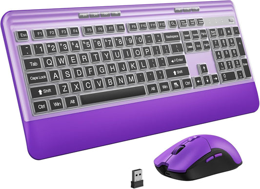 Silent Wireless Keyboard and Mouse Combo - Keyboard with Large Print Cover, 2.4GHz Full-Sized Ergonomic Keyboard with Wrist Rest and Mouse for Laptop, PC, Notebook, Desktop