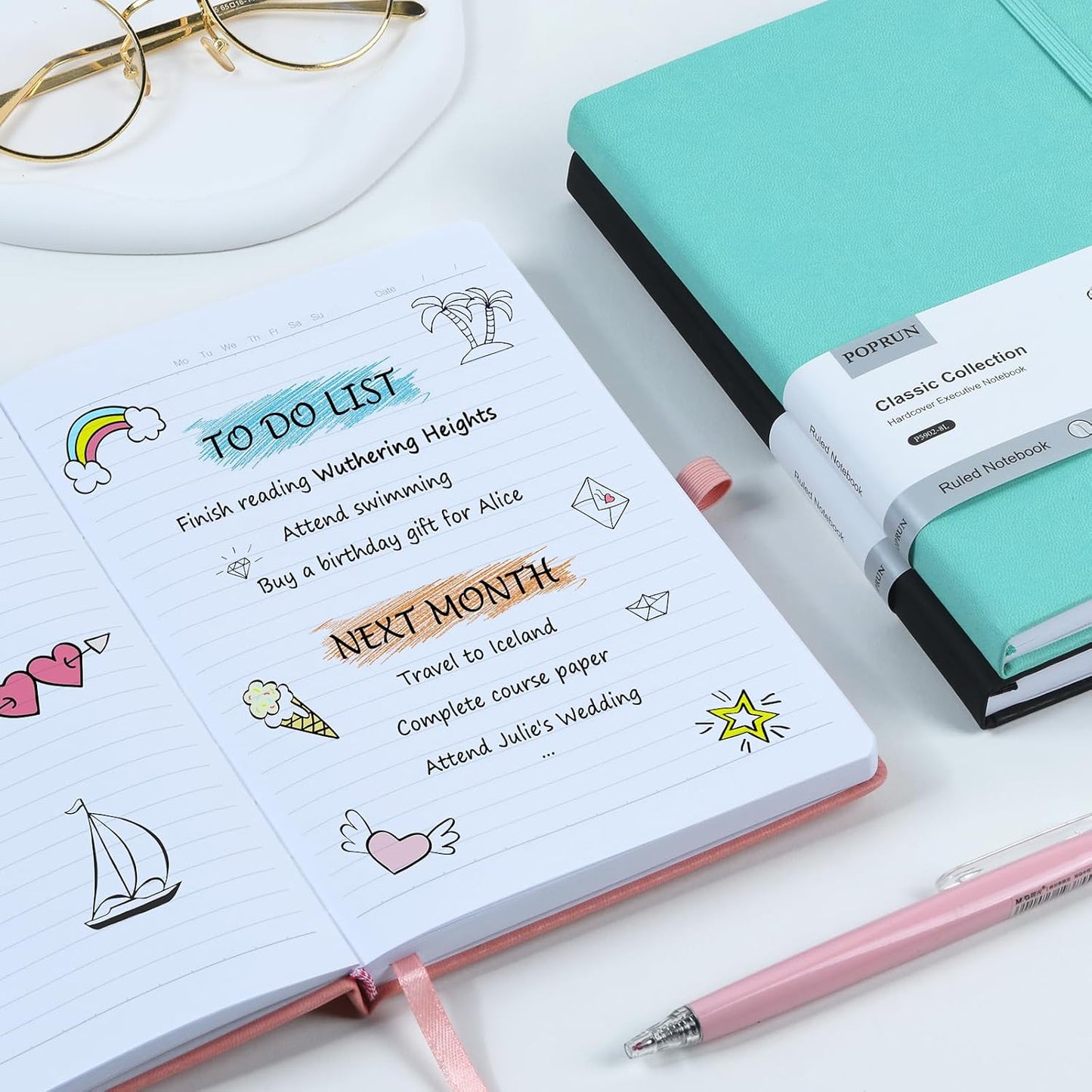 POPRUN A5 Lined Journal Notebooks, Leather Hardcover Thick Notebook for Writing, Business Work, Travel, School, College, Christmas, 5.5 x 8.3 inch, 240 Pages Classic Ruled Journals Notepad, Black