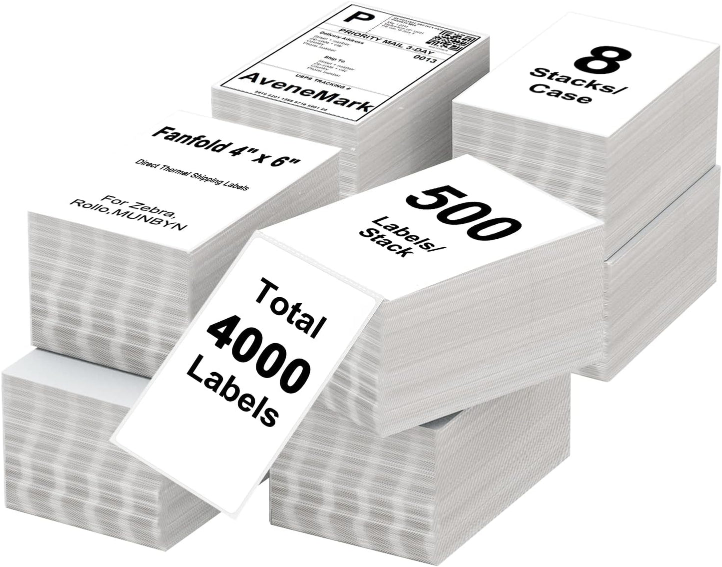 AveneMark 8 Stacks 4000 Labels 4" x 6" Fanfold Direct Thermal Labels, Postage Shipping Labels Paper with Perforated, Strong Adhesive Label for Zebra, Rollo, MUNBYN Thermal Printer,500 Labels per Stack
