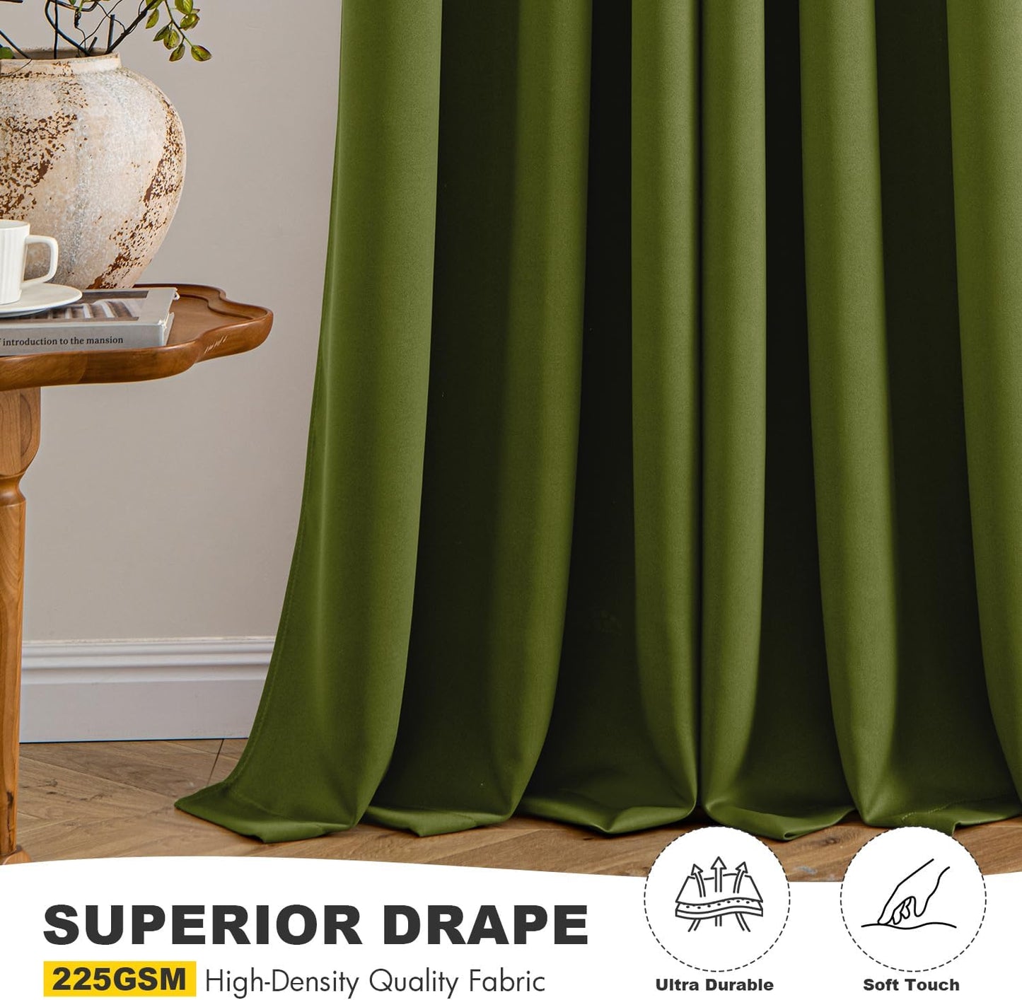 MIULEE Light Olive Green Blackout Curtains for Bedroom Living Room 90 Inches Long 2 panels, Thermal Insulated Room Darkening Drapes Grommet Top Noise Reducing Light Blocking Window Curtains 40x90 Inch
