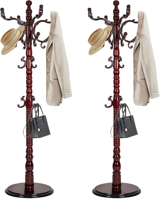 Vintage Wooden Coat Rack Free Standing,14 Hooks, 3-Level Adjustable Height, 73-Inch Retro Coat Rack Stand, Suitable for Entryway, Living Room, Office and Bedroom (Mahogany)