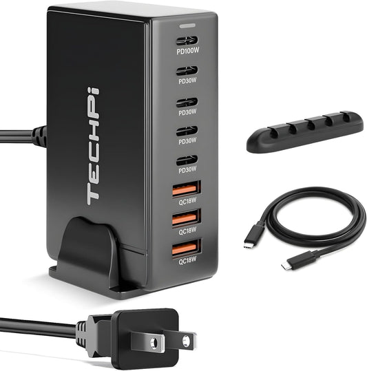 268W GaN USB Type C Charger 8 Ports Fast Charging Station PD QC4.0, USB C Laptop Charger Compatible with MacBook Pro/Air, iPads, Samsung Galaxy Note, iPhone 16/15/14/13/12 Mini/Pro/Pro Max