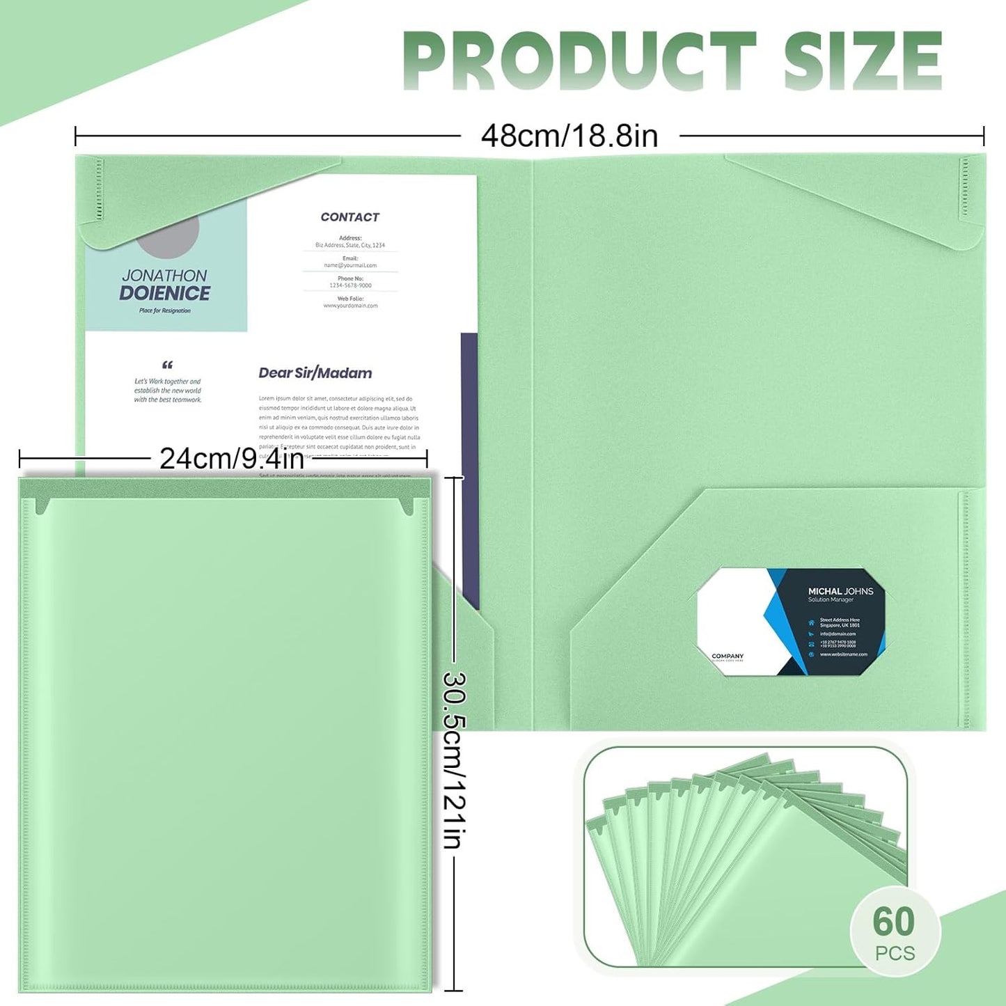 Henoyso 60 Pcs Plastic Folders with Clear Front Pockets Heavy Duty File Folders with 2 Pockets and Card Slot for Student Communication School Office Presentation Report(Light Green)