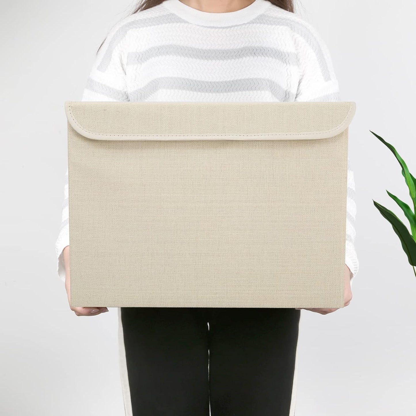 Large 42 Quarts Collapsible Stackable Storage Bins Cube with Lids [3-Pack] Foldable Fabric Linen Storage Boxes, Closet Organizer Baskets with Label for Home (16.7 x 12 x 12", Beige)