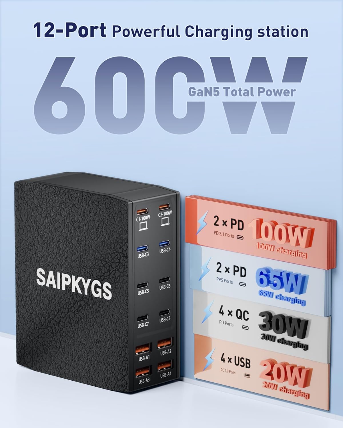 USB Charging Station (600W),12-Port USB C Charger Block with Dual 100W PD USB-C Fast Charging Station Hub for MacBook Pro/Air/All iPad Phone 17/16 15/14/13/Pro Max/Samsung Galaxy Note (Black)