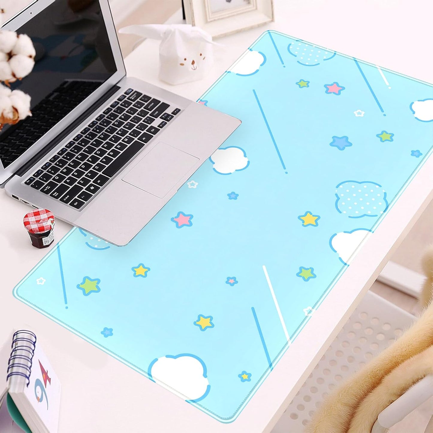 Kawaii Pastel Blue Star Grid Desk Pad, Large Gaming Mousepad & Keyboard Mat, XXL Office Desk Decor for Women, 31.5"x15.75"