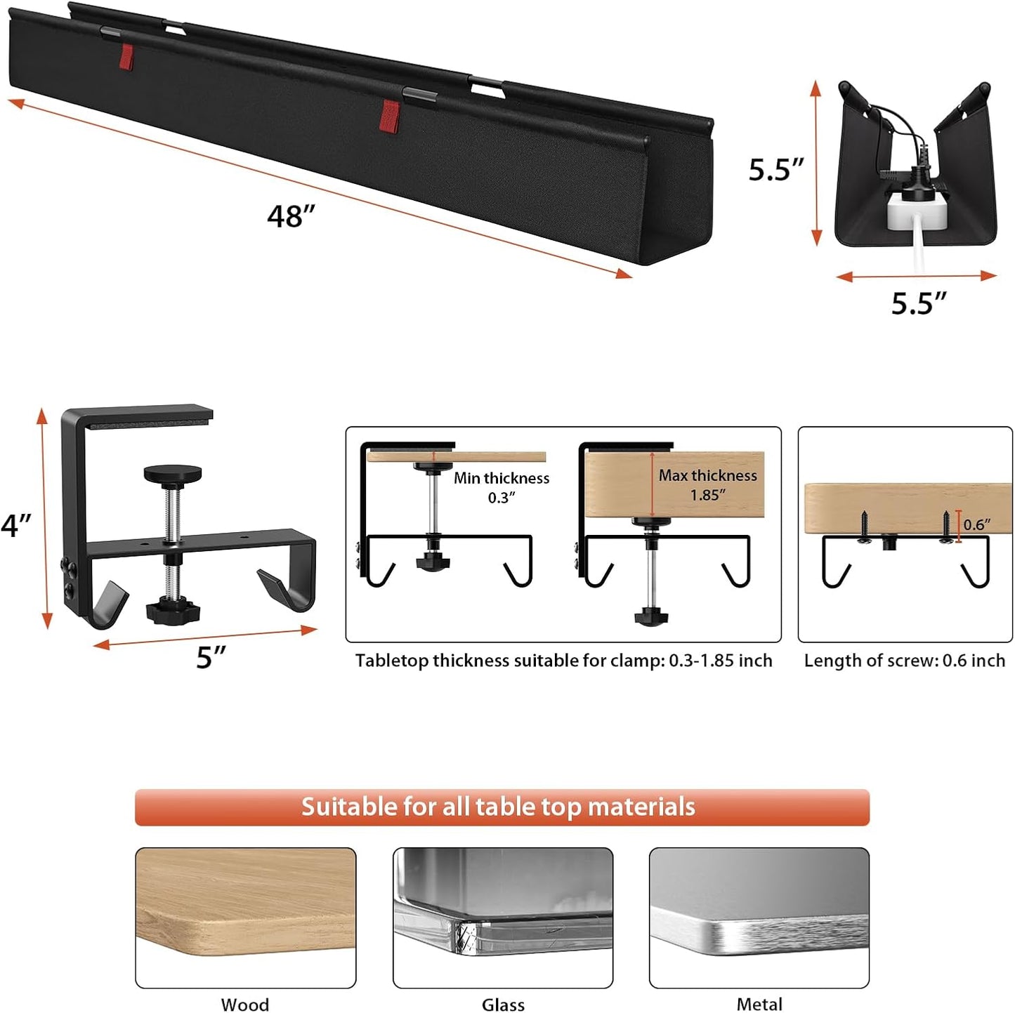 Univivi No Drill Under Desk Cable Management Tray, 48" Cord Organizer for Table, Clamp/Screw Mount Desk Cable Management, Premium Fabric Cable Management Tray for Office, Home (Extra Large)