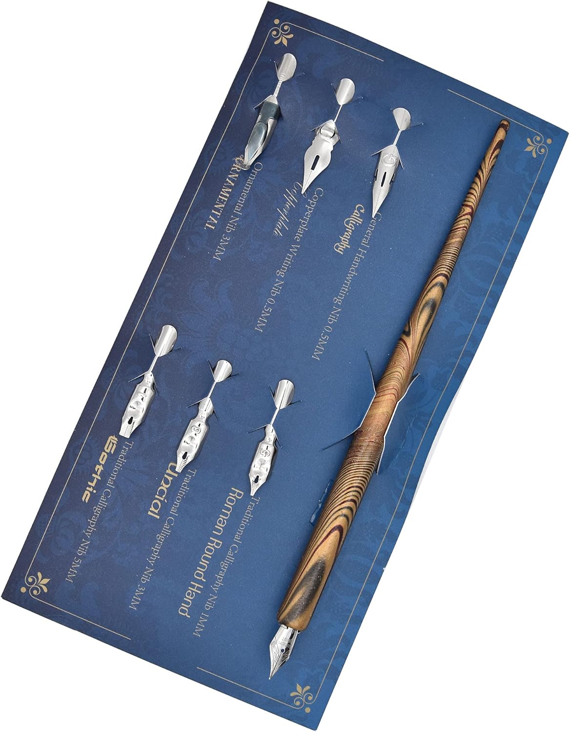 Gullor Wooden Dip Pen Calligraphy Set with Black Ink & 6 Nibs for Beginners, Kids, Writing, Signatures and Drawing, Gold