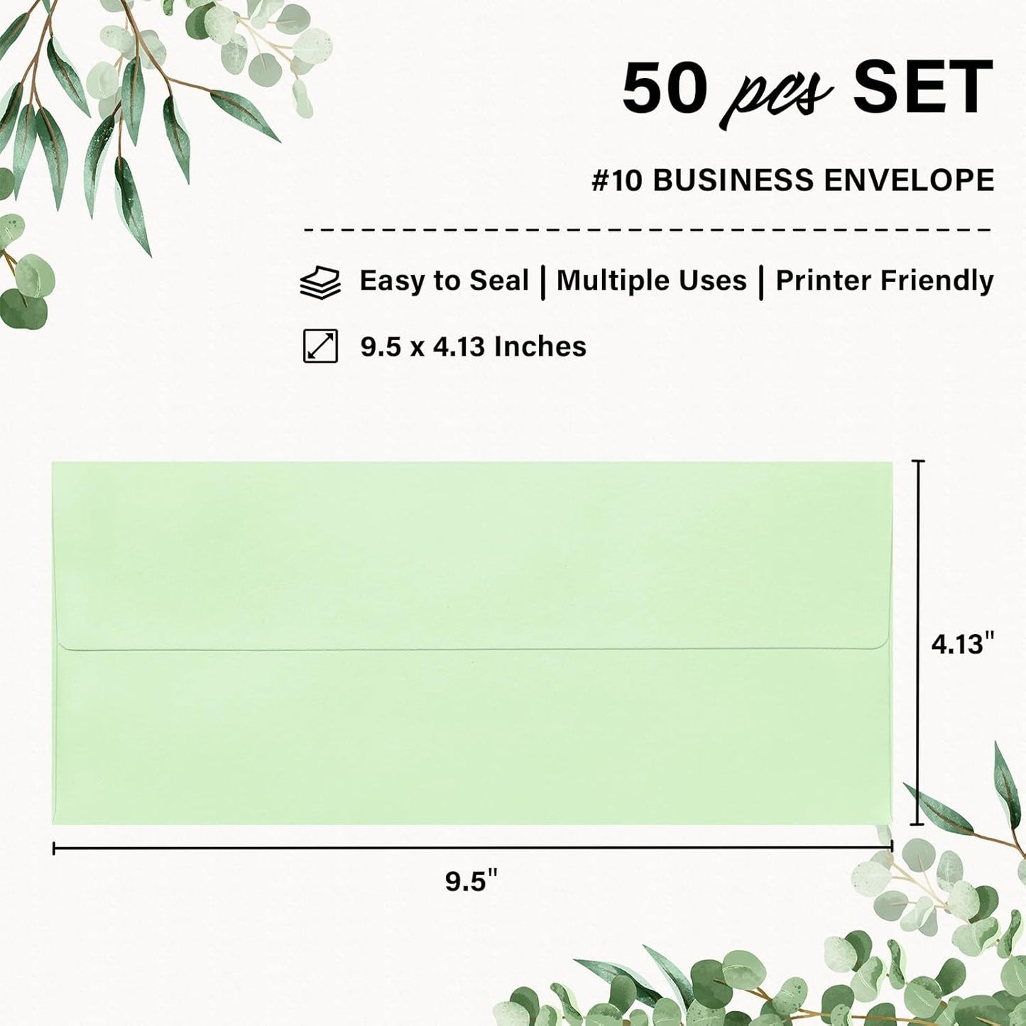 50 Pack #10 Business Envelopes, Self Seal Standard Light Green Envelopes for Secure Business & Legal Mailing, Office, Checks, Letter, Invoices, 4 1/8 x 9 1/2 Inches