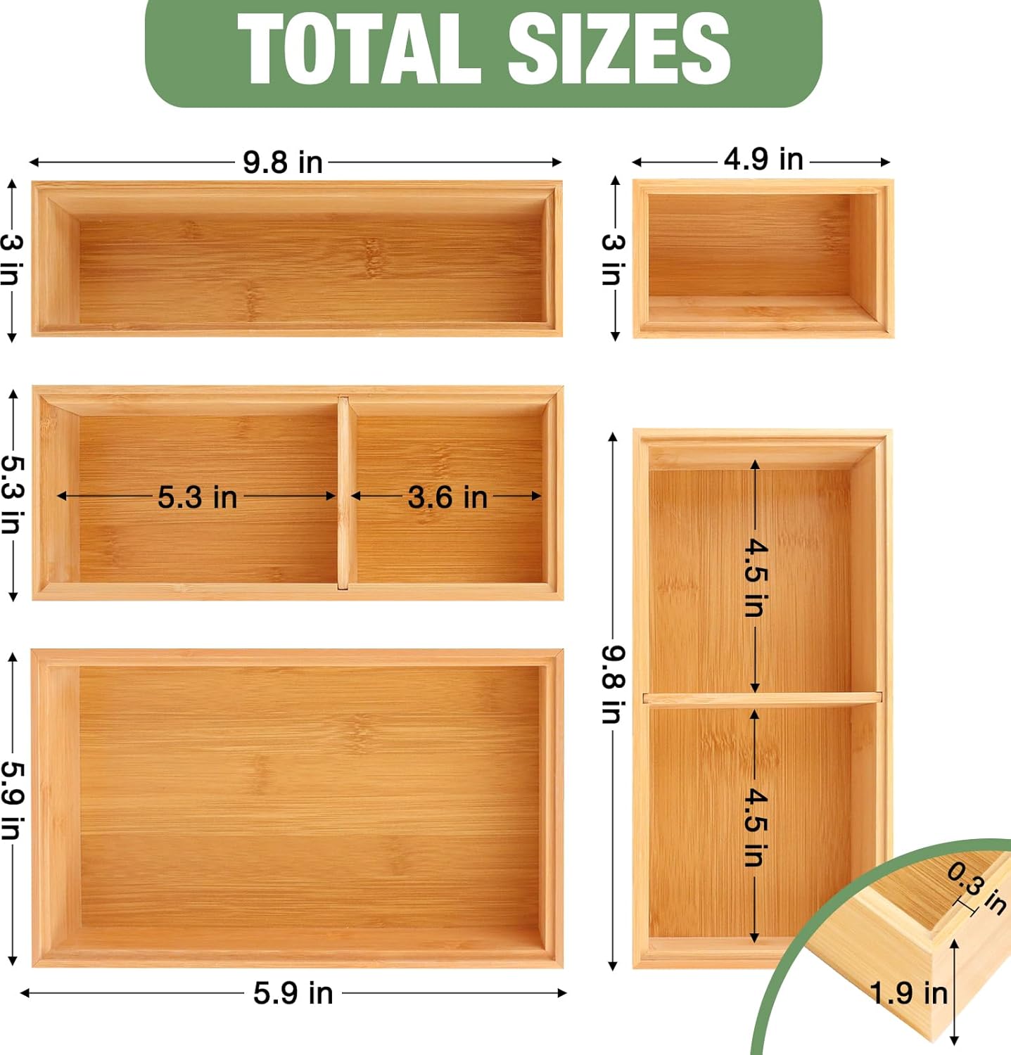 Bamboo Drawer Organizer,5 PCS Silverware Organizer & Kitchen Organizers and Storage,Utensil Drawer Organizer With Removable Dividers for Kitchen,Utensils,Bathroom,Office,Makeup(Natural)