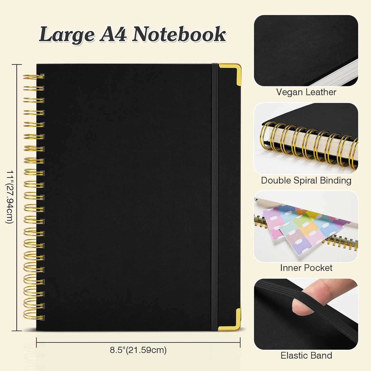 Spiral Notebook 8.5" x 11", 300 Numbered Pages Notebooks College Ruled with Contens, 100GSM Thick Journal for Women Men, Hardcover Leather Lined Journal for Writing, Large A4 Notebooks for Work School