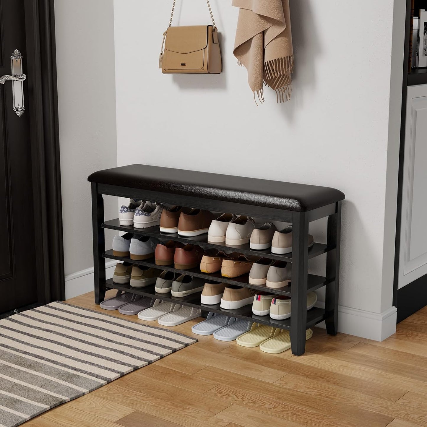 Shoe Bench with Leather Cushion, 3 Tiers Shoe Storage Bench Height Adjustable, Walnut Wood Entryway Bench for Hallway, Mudroom