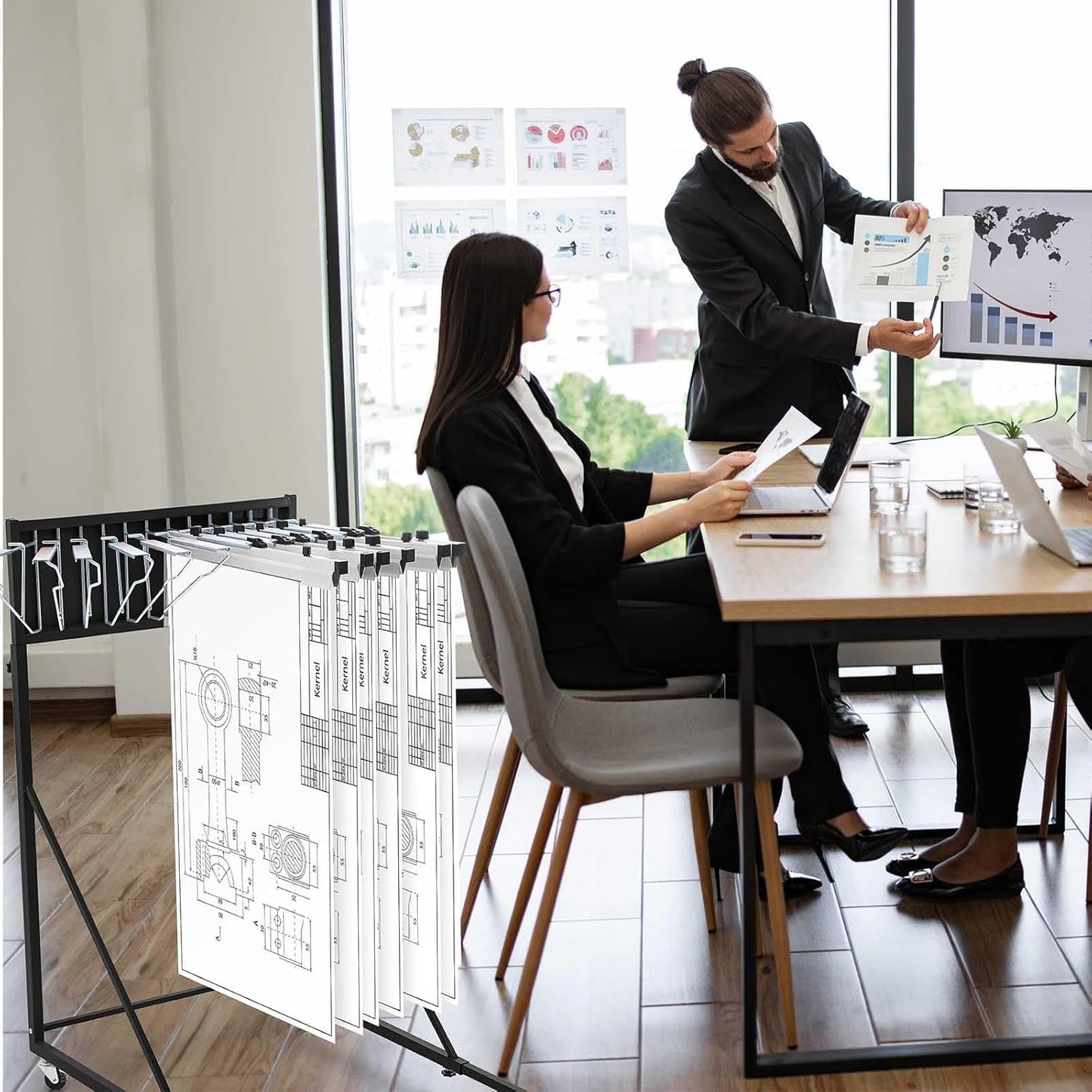 Estune Mobile Blueprint Holder Rack, Adjustable Mobile Blueprint Holder with 6 24 In Hanging Clamps 4 Wheels Poster Display Rack Storage Organizer Stand for File Display Plan Office Home(Black)