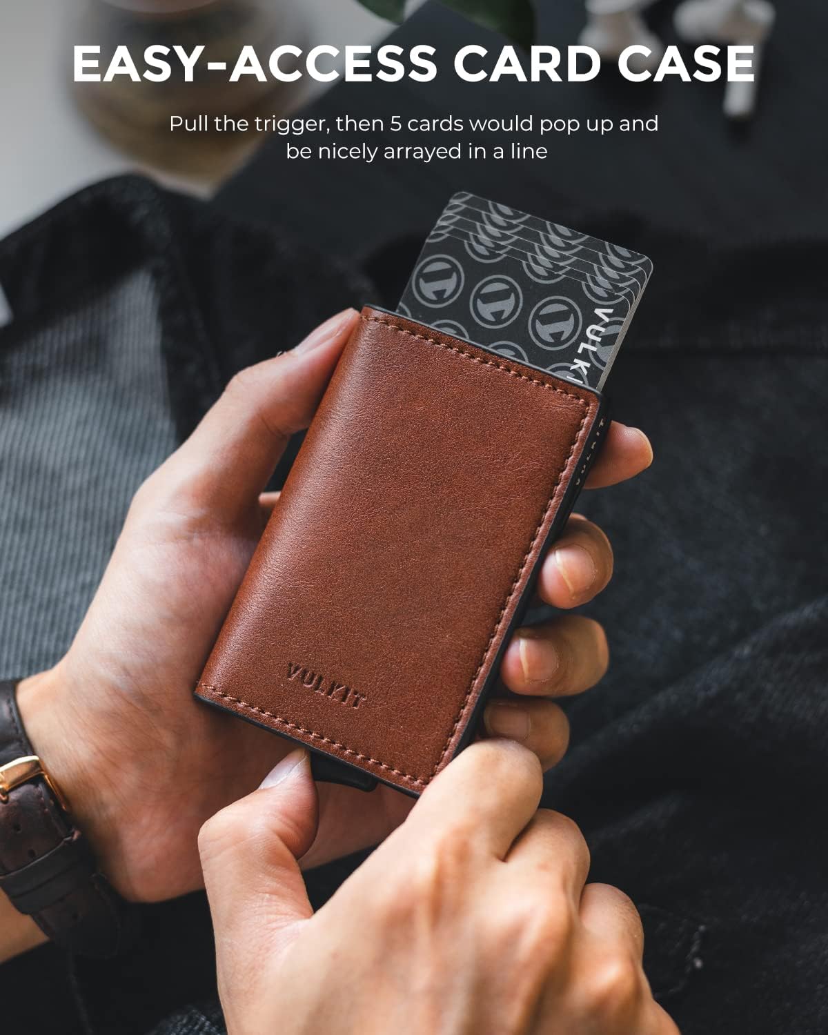 VULKIT Credit Card Holder RFID Blocking Leather Automatic Pop Up Wallet Aluminum Slim Pocket Business Card Case