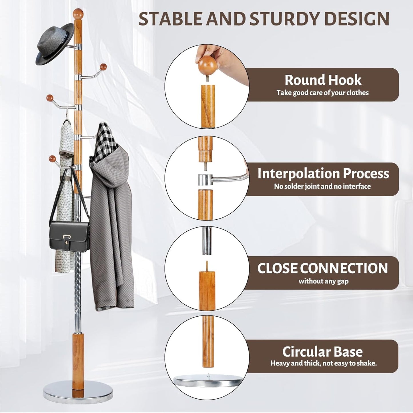 Coat Rack Freestanding, Metal Wooden Coat Tree with 6 Hooks, Heavy Duty Coat Hanger Stand with Resin and Stainless Steel Base, Free Standing Hall Tree for Scarf, Bag, Jacket (Metal)