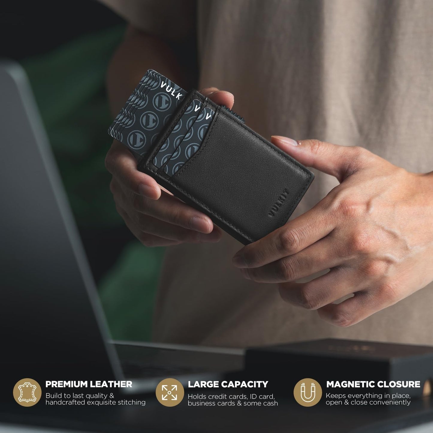 VULKIT Men's Wallet with ID Window Top Grain Leather RFID Blocking Minimalist Wallet Pop Up Card Holder Magnetic Closure