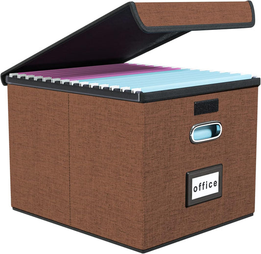 Huolewa Upgrade Portable File Organizer Box with Lid,Large Linen Hanging Office Document Storage Box with Lid,Collapsible Filing&Storage Box for Office/Decor/Home-14.9x12.7x10.8in,1pk-without folders