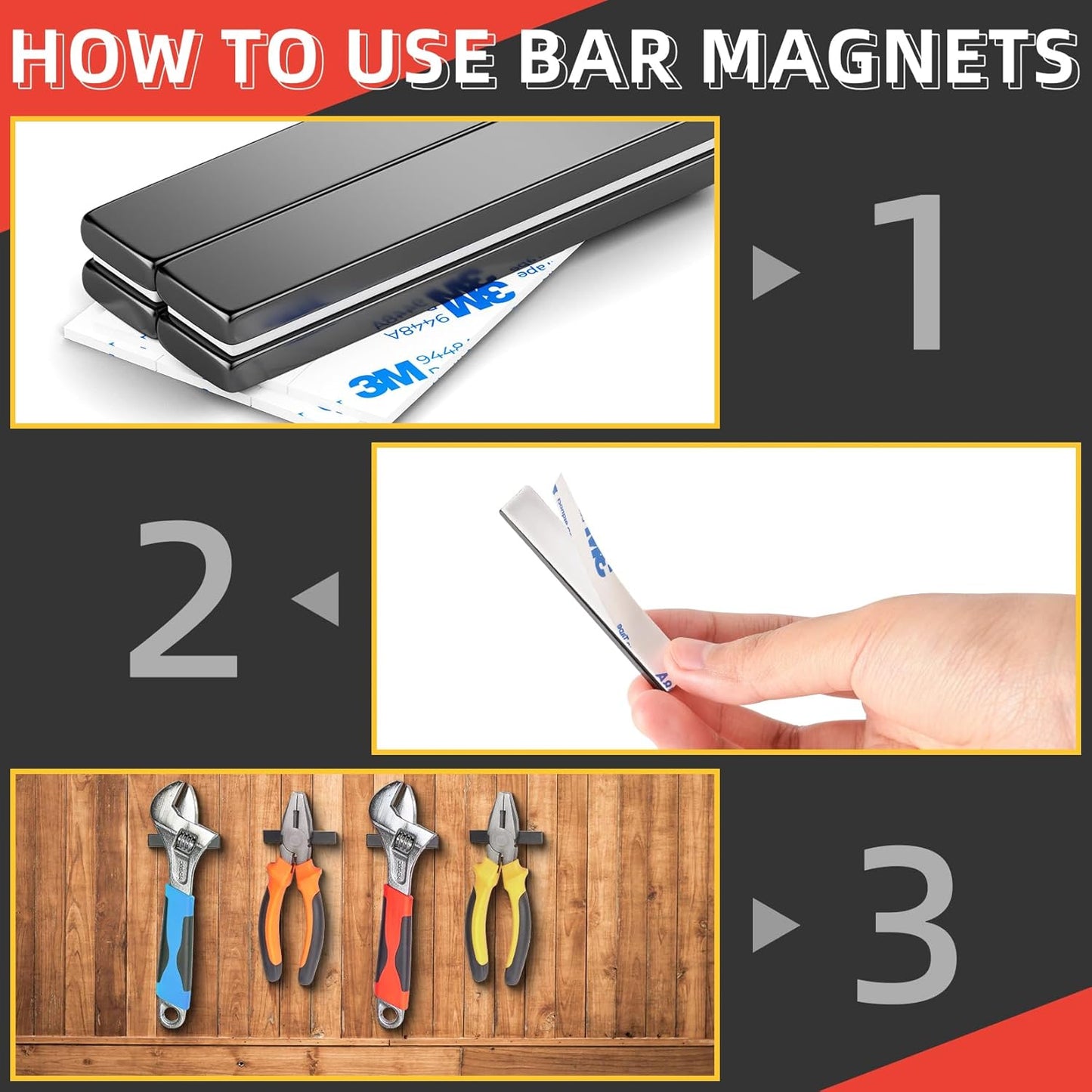 Grtard 12 Pack Neodymium Magnets Bar, Super Strong Rare Earth Magnets Bar, Powerful Magnets Bar with Double-Sided Adhesive for Fridge, Garage, Kitchen, Science, Craft, Office, DIY - 60 x 10 x 3 mm