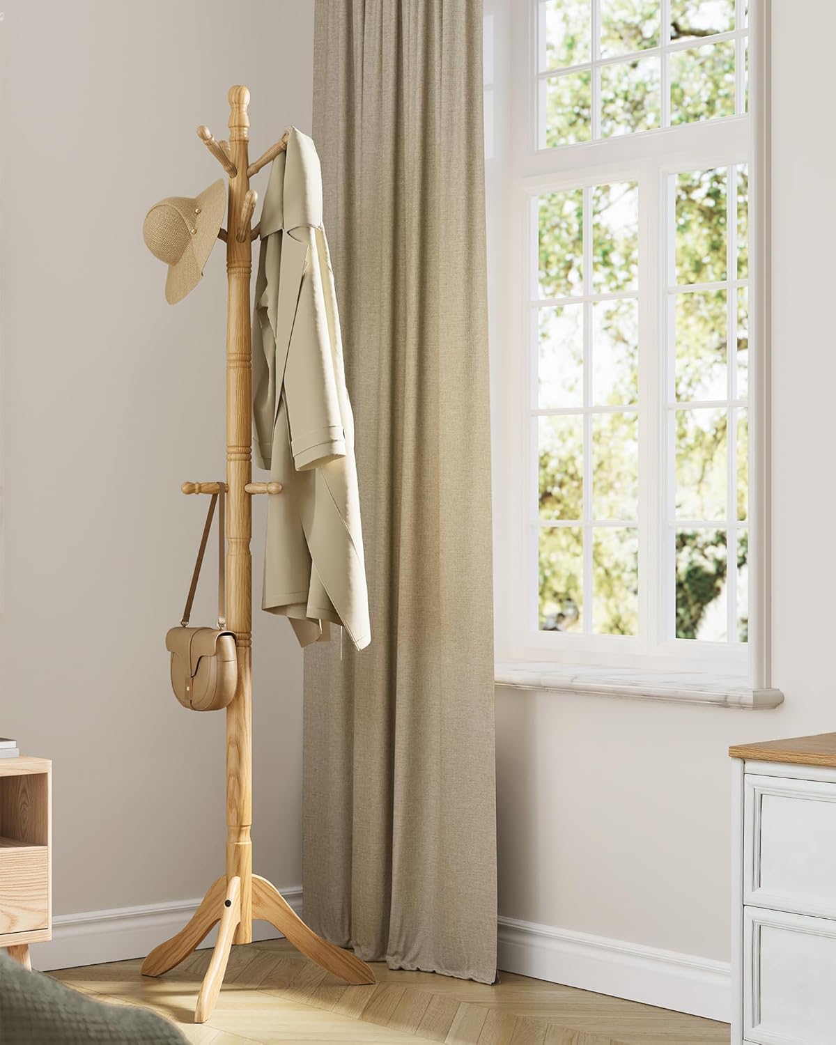 VASAGLE Solid Wood Coat Rack and Stand, Free Standing Hall Coat Tree with 10 Hooks for Hats, Bags, Purses, for Entryway, Hallway, Rubberwood, Natural Beige URCR003Y01