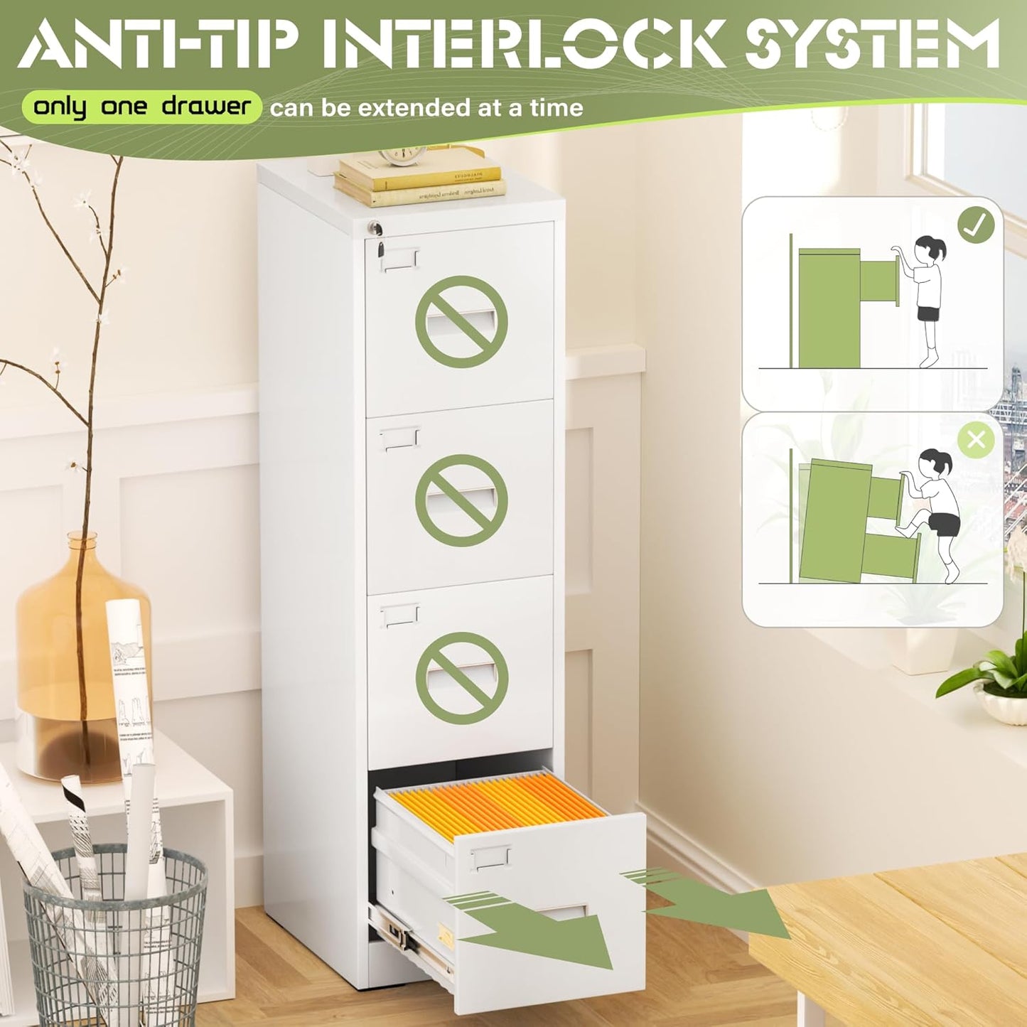 Crownland Lateral File Cabinet with 4 Drawers, 15" W Metal Lockable Office File Cabinets for Home Office- Stores Letter/Legal/A4/F4 Files(White)