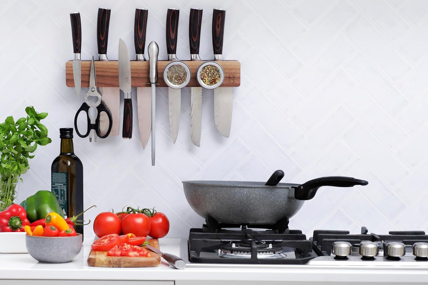 Walnut 16 inch Magnetic Knife Holder for Wall with 2x Storage & Charming Wood - Knife Magnetic Strip, Under Cabinet Magnet Knives Storage - Magnet Strip Rack Kitchen Utensil Holder Organizer Tool