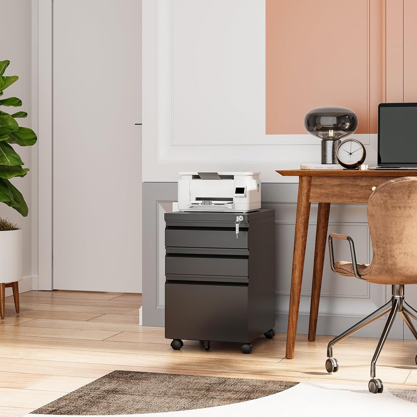 Rolling File Cabinet with Lock, 3 Drawer Metal Mobile Filing Cabinet Legal/Letter Size, Fully Assembled Except Casters, Black