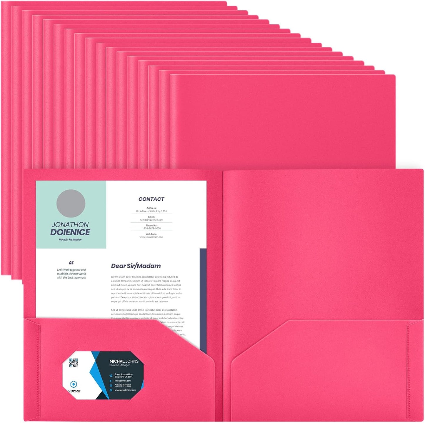 Gueevin 100 Pcs Two Pocket Folders Bulk Plastic File Folder with 2 Pockets Letter Size Paper Heavy Duty Durable Portfolios Case for Home Office School Business 11.61 x 9.45 Inch (Hot Pink)
