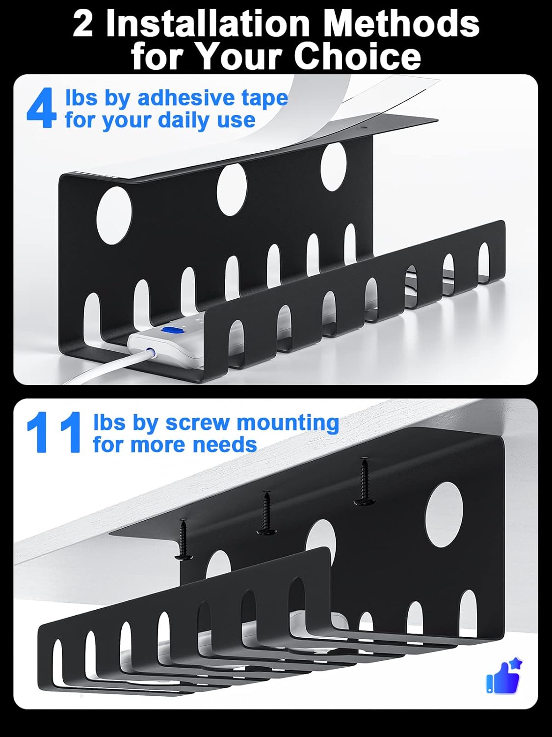 Delamu 2 Pack Metal Under Desk Cable Management Tray, U-Channel Cord Organizer Box, Office Under Desk Cord Organizers, Cable Management with Various Accessories, Black, 15.75 Inches