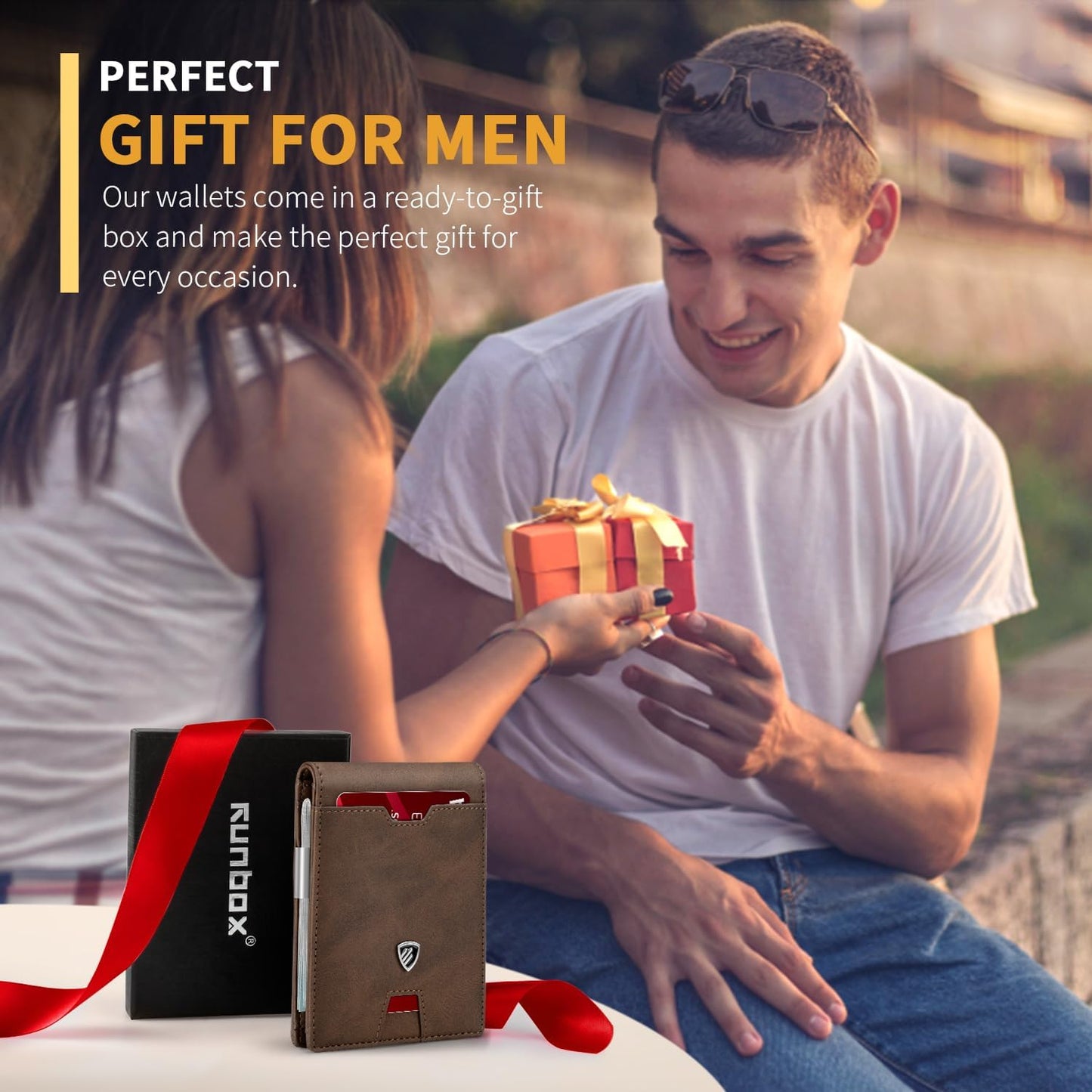 RUNBOX Mens Slim Wallet with Money Clip RFID Blocking Bifold Credit Card Holder for Men with Gift Box