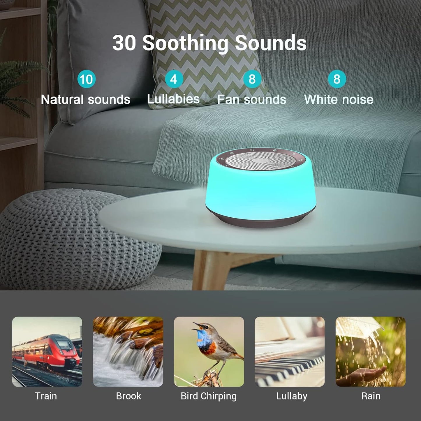 BGOVERSS White Noise Sound Machine, Baby Sound Machine Kids with 30 Soothing Sounds and 7 Colors Warm Night Light for Sleeping, 5 Timers Portable Plug in Sound Machine for Baby, Adults，Grey Color