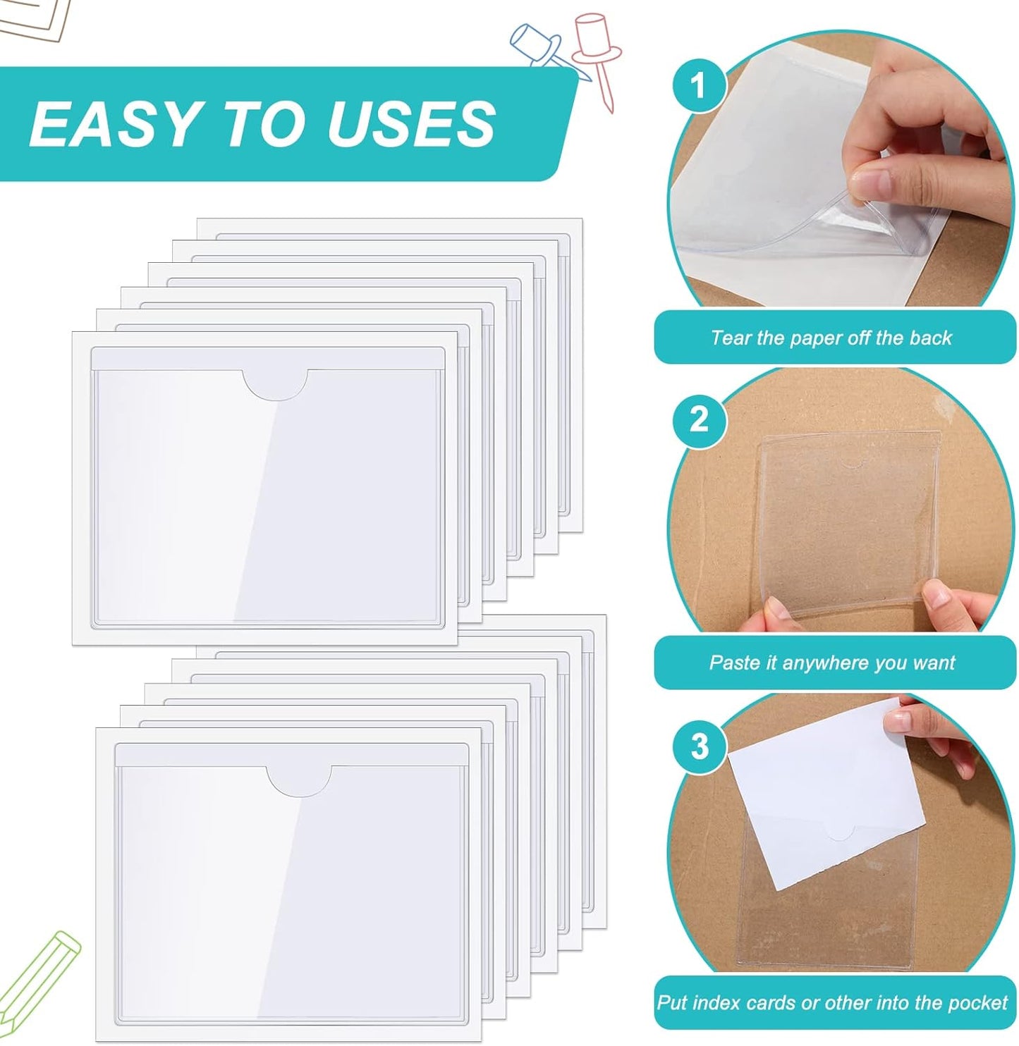 Outus 500 Pack Self Adhesive Index Card Holder Clear Plastic Label Pockets with Top Open for Loading Sticky Business Card Sleeves for Storage Bins Library Organizing Photo Protecting(3.5 x 4.4 Inch)