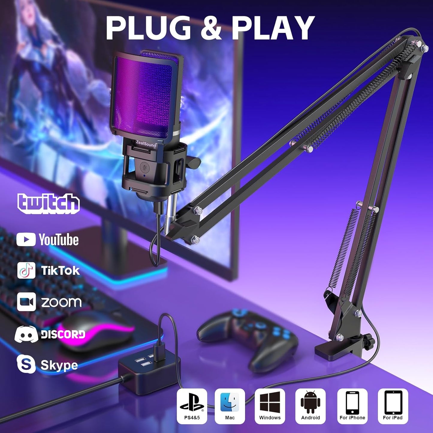 ZealSound Gaming USB Microphone,Noise Cancellation Condenser mic,RGB Microphone with Mute,Gain,Monitoring,Boom Arm,Pop Filter for Phone,PC,Computer,PS4,PS5,Mac,Streaming,Podcast,Twitch,YouTube,Discord
