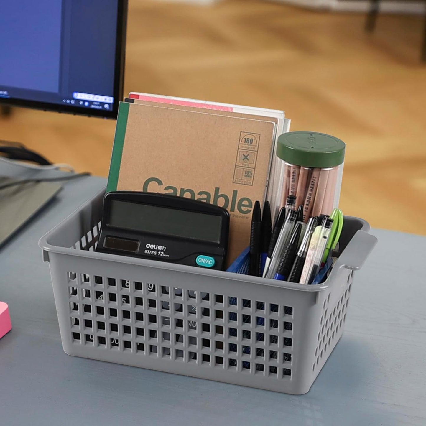 Plastic Storage Baskets, 6 Packs Shelf Kitchen Pantry Organizer Bins, Grey