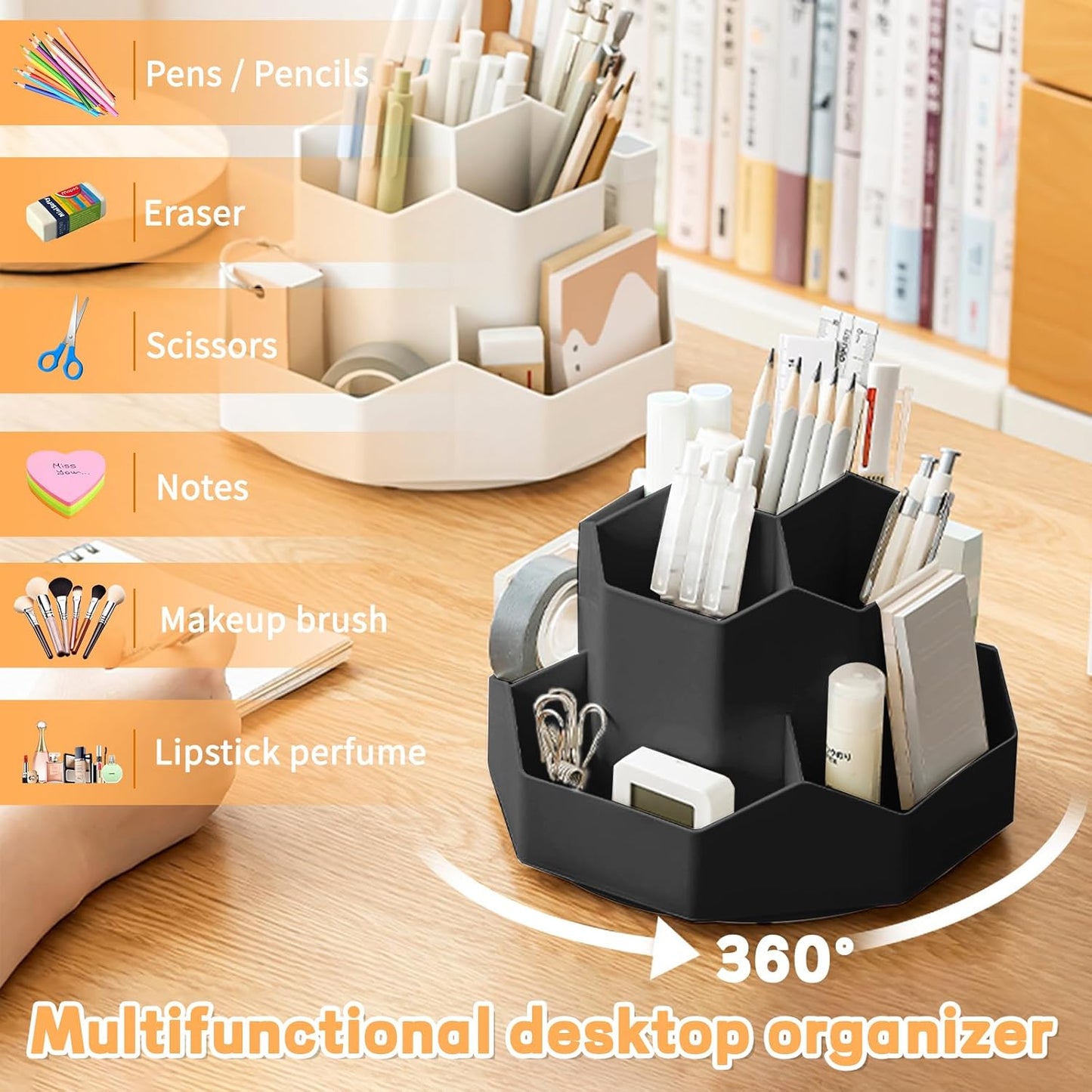 Pencil Pen Holder for Desk,9 Slots 360 Degree Rotating Desk Organizers,Desktop Storage Stationery Supplies Organizer, Cute Pencil Cup Pot For Office, School, Home(Black)