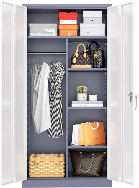 Greenvelly Metal Storage Wardrobe Cabinet with Lock, 72" White Grey Metal Wardrobe Closet for Hanging Clothes with Doors and Shelves, Modern Clothes Closet for Home, Office and Bedroom, School,Gym
