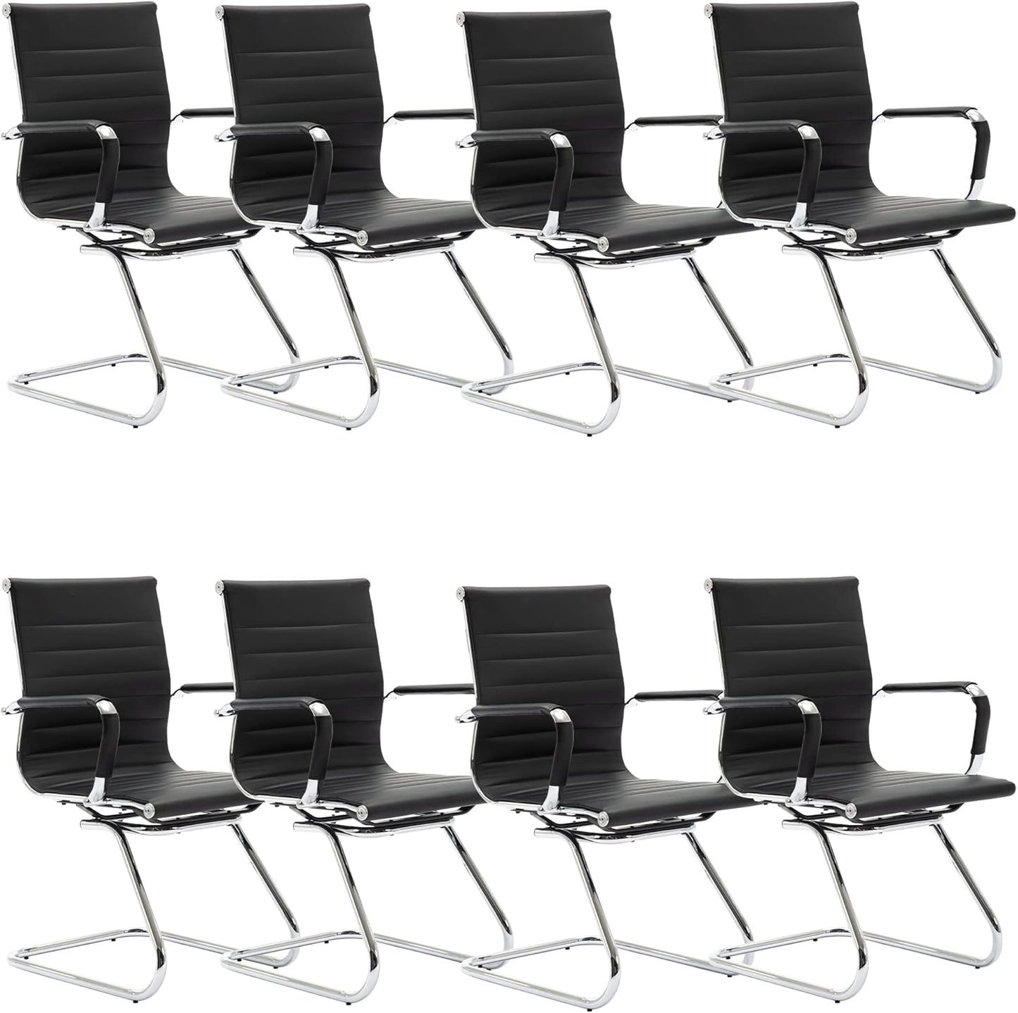 Black Office Desk Chair No Wheels Set of 8 PU Leather Computer Chairs Mid Back Guest Chairs for School Reception Conference Waiting Room, Black