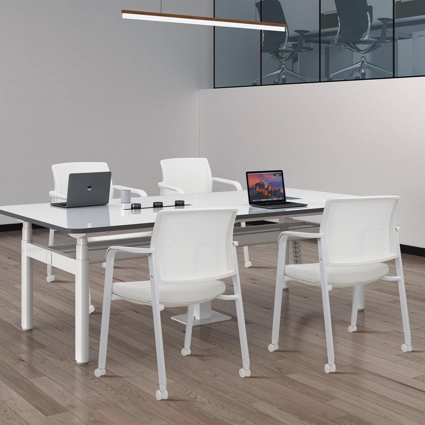 CLATINA Stacking Office Chairs | Mesh Back, Thicken Leather Seat and Arms, Ergonomic Lumber Support | Guest Reception, Waiting, Conference, School, Party, Customer, Side, Stationary | Set of 2, White