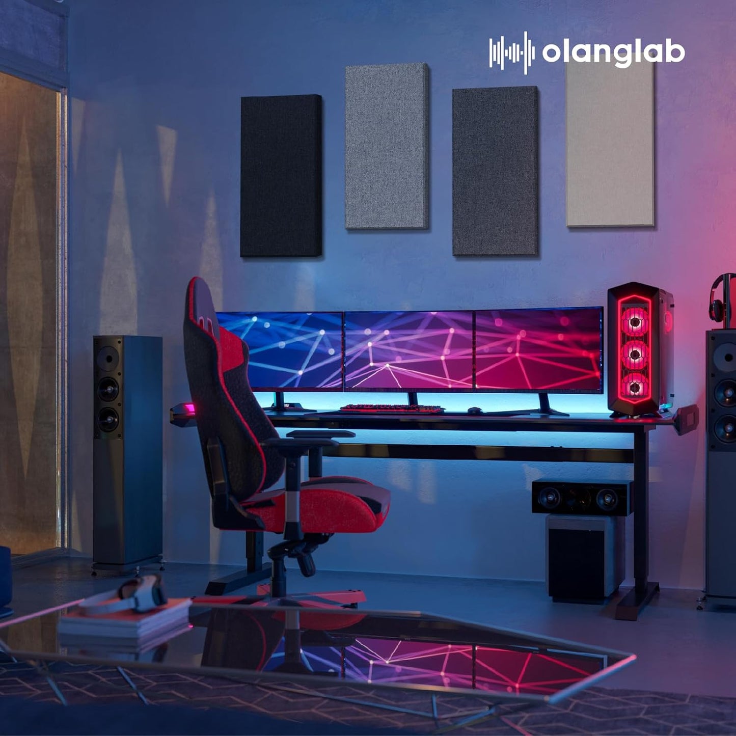 Olanglab Fiberglass Acoustic Wall Panels 4 Pack, 11.8'' x 23.6'' Sound Panels, Fabric Wrapped Sound Proof Panels for Walls (Light Gray)