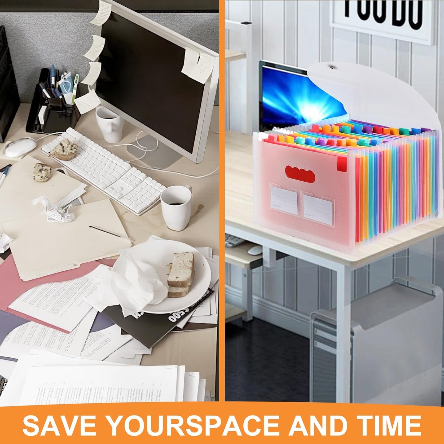 Accordion File Organizer, 24 Pockets Expanding File Folders, Portable Letter A4 Size Filing Box with Colored Labels and Expandable Cover, Monthly Bill Receipt Documents Organizer Pink