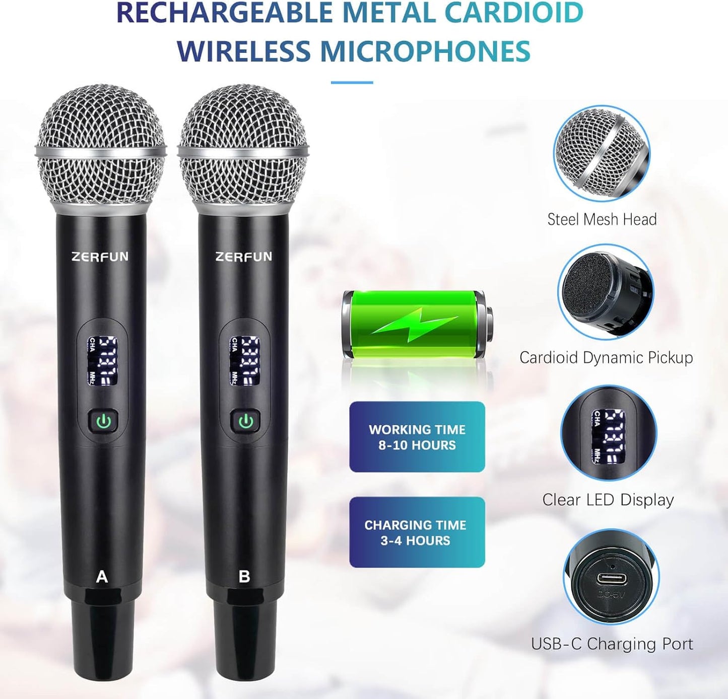 Pro 4 Channel Wireless Microphone System Rechargeable & Pre Effector, UHF Metal Handheld Cordless Mics with LCD Display, Vocal Cut, Bluetooth, USB Port, XLR, 1/4, Optical, RCA Input/Output