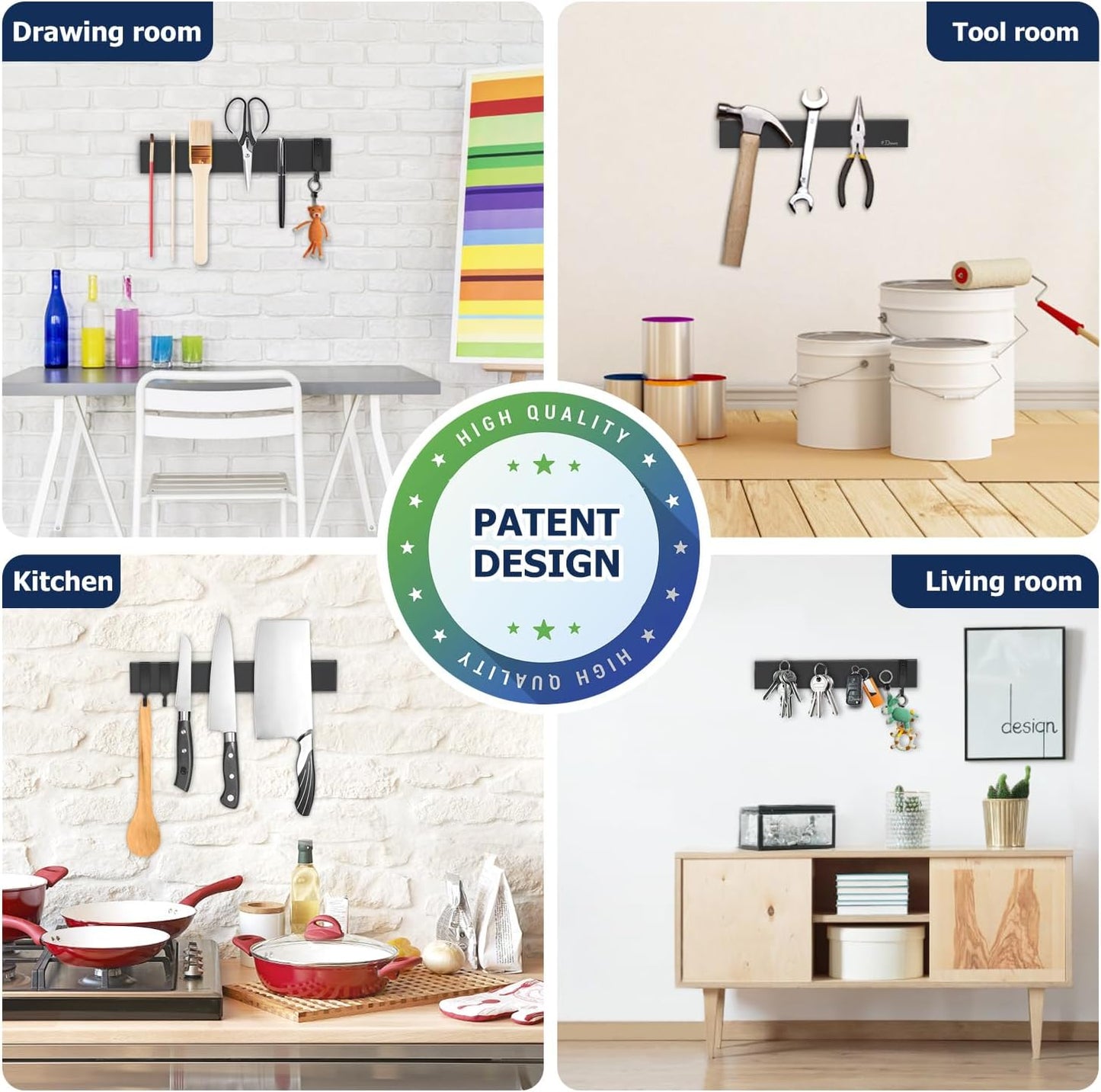 Dmore magnetic knife holder for wall—with 2 hooks, No Drilling 12 Inch black knife magnetic strip, Powerful knife magnet rack, include Adhesive Tape and screws for Knives, Utensils, and Tools